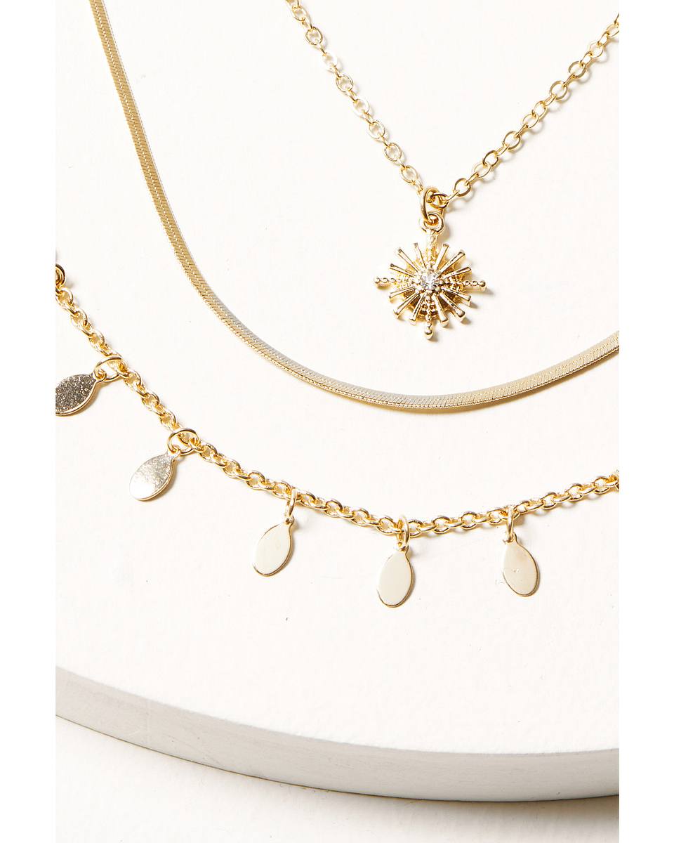 Women's 3-piece Starburst & Dangle Charm Gold Layered Necklace Set